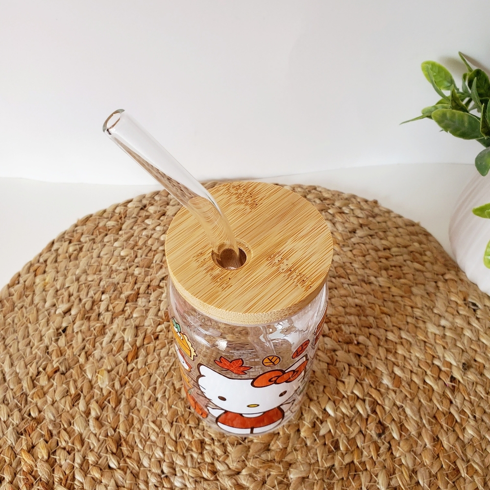 Hello Kitty Fall Pumpkin Spice Glass Tumbler With Glass Straw & Bamboo Lid 16oz - Picture 4 of 5